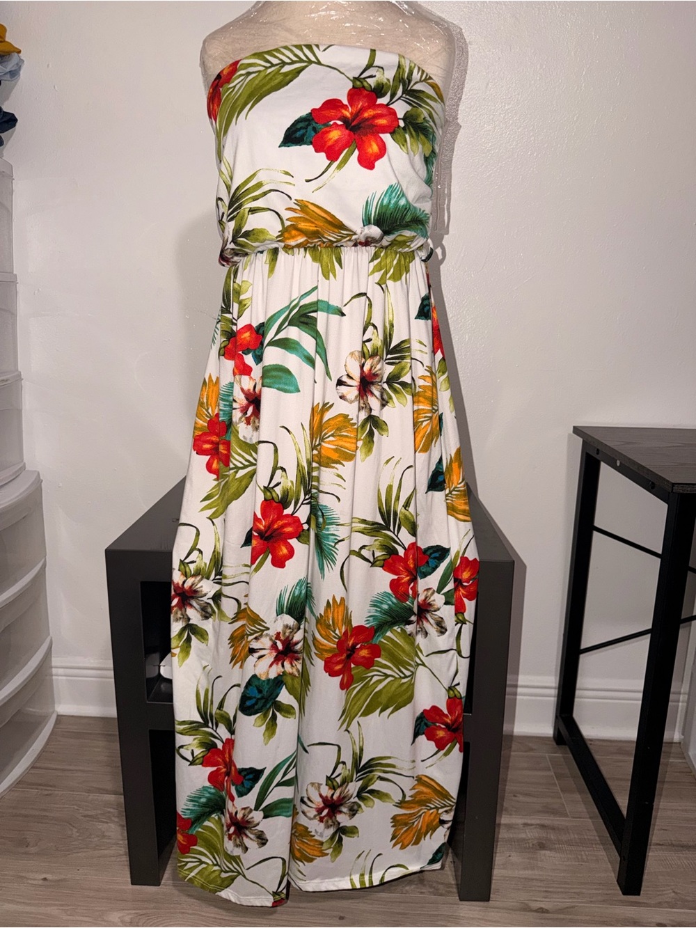 Vibe White Tropical Floral Strapless Maxi Dress